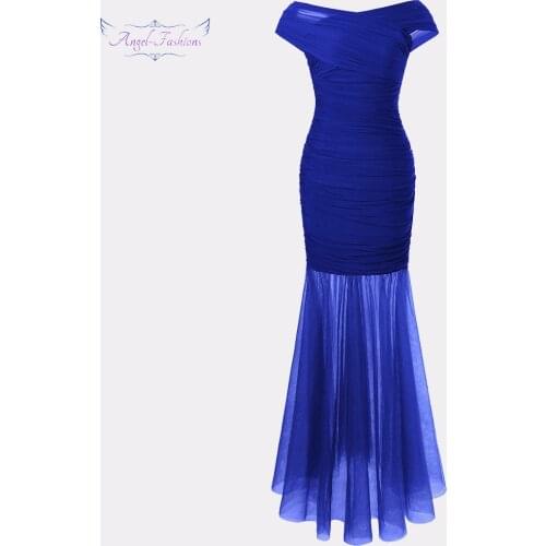 Angel-fashions Womens Pleated Prom Dresses Illusion Blue Party Gown 408
