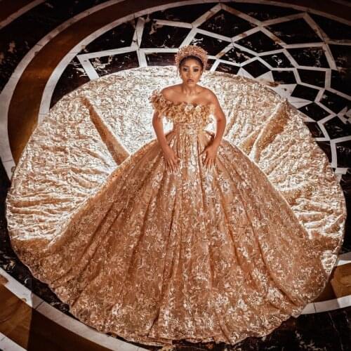 Vestidos De Novia 2021 Luxury Sparking Bridal Dresses Champagne Appliqued Beaded Feather Wedding Dress Ball Gown Robe de Mariee