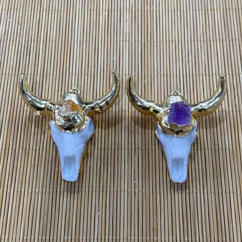 Animal Bull Head Shaped Resin Amethyst Citrine Jewelry Pendant Used for DIY Jewelry Making Necklace Bracelet Size 46x46mm