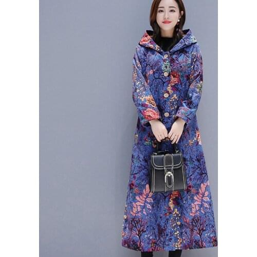 Winter Vintage Loose Plush Coat Cotton Coat Outwear Plus Size Cotton Linen Printing Velvet Cotton Jacket Women 2021 New Autumn