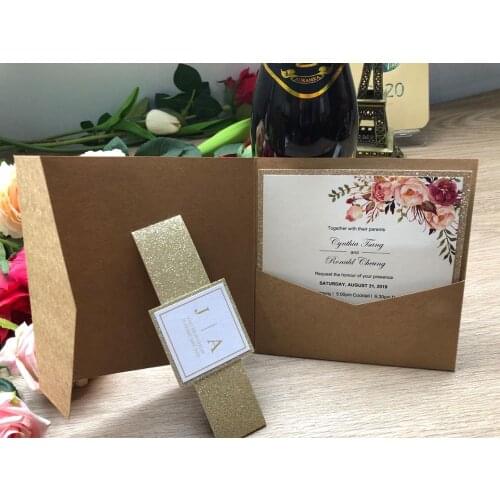 1pcs Wedding Invitation Cards Square Kraft paper Tri fold Square Customized Laser Cut invite 3D free shipping