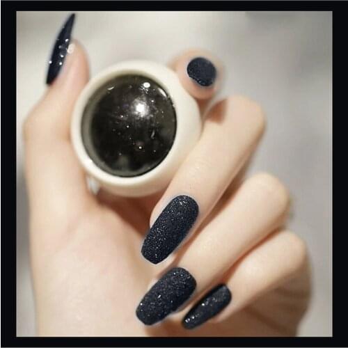 24PCS Detachable Black Woolen Cloth Coffin Fake Matte Tips Press on NailS for Long False Nail Art Manicure Fake Extension Tips