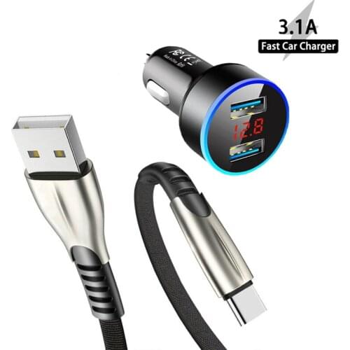 Car Charger For Xiaomi 8 9 Lite Redmi 9 8 8A Note 10 9T 8T 9 8 Pro 15W Dual USB LED Display USB Phone Adapter Type-c USB Cable