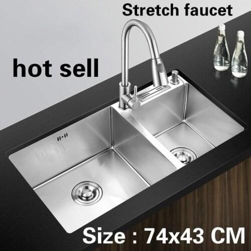 Free shipping Household standard kitchen do the dishes manual sink double groove 304 stainless steel hot sell 74x43 CM