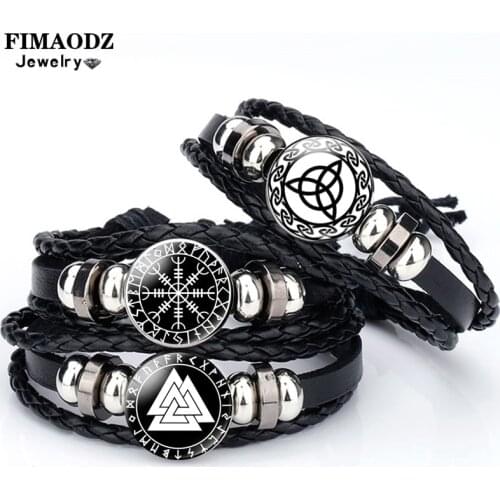 FIMAODZ Valknut Viking Compass Bracelet Vintage Slavic Norway Warrior Symbol Casual Fashion Braided Leather Bracelets for Men