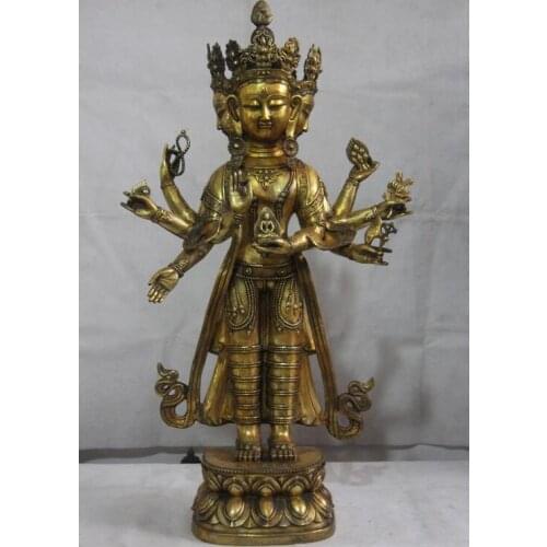 Bronze Copper Gild Four Face Head Eight Arm Hands Kwan-yin Buddha Statue