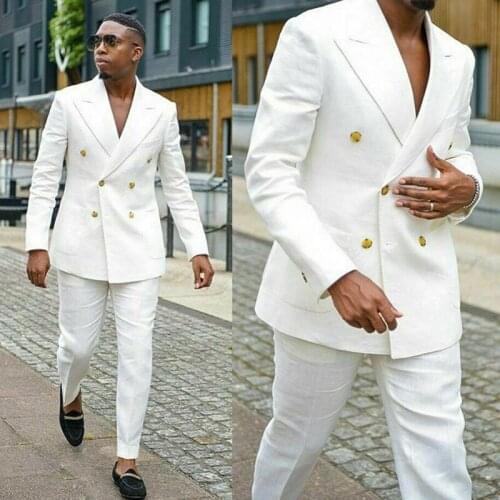 Double Breasted Linen Casual Suits for Men with Peaked Lapel 2 Piece Wedding Tuxedo Man Fashion Set Jacket with Pants New