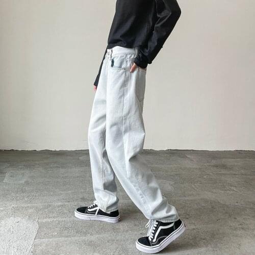 Cargo Jeans Mens Korean Style Straight-leg Jeans Mens Fashion Loose Retro Blue Jeans Mens Streetwear Wide-leg Jeans Men