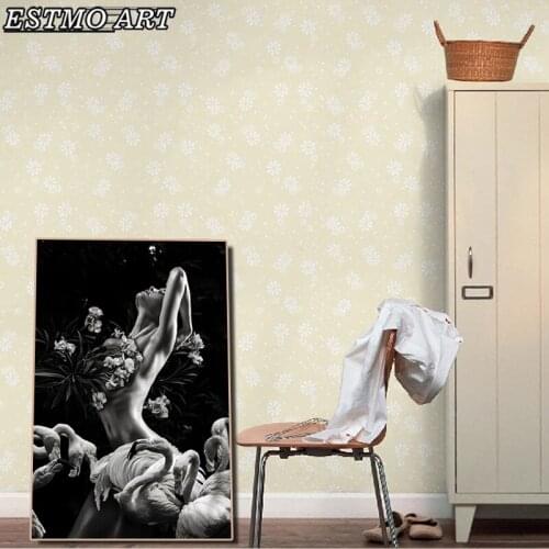 Flamingo Naked Woman Canvas Painting Abstract Art Poster Black and White Picture Living Room Wall Modern Art Home Decor Painting