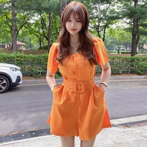 Orange Short jumpsuits for women Summer wear korea Short Sleeve square neck cotton Sexy Ladies one piece short Pants