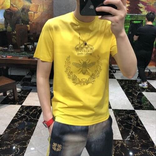Summer Classic Exquisite Bee Rhinestone Men Brand Short Sleeve Fashion Streetwear O Neck Slim Modal Cotton Plus Size T Shirts