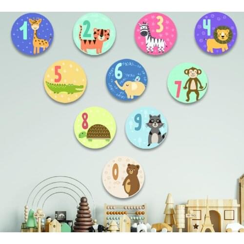 Cute numbers and animals 10-piece Wooden Sticker Wall Set Kids Room Wall Decoration Wooden Wall Decor Scandinavian Style
