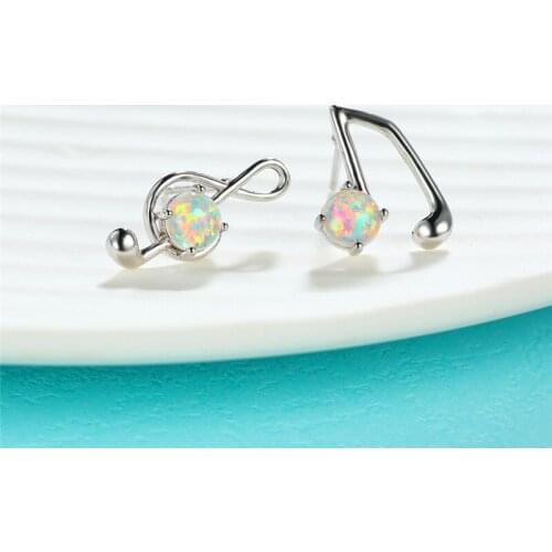 Cute Female Round Opal Asymmetric Earrings Rose Gold Silver Color Wedding Earrings Boho Musical Note Stud Earrings For Women
