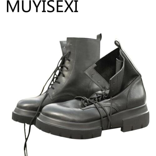 Motorcycle Ankle Boots Lace-Up Genuine Leather 5cm Thick High Heels Platform Western Career Women plus size TN17 MUYISEXI