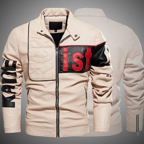 Trendy Motorcycle Leather Men Jackets Color-Blocking Pu Coat Plus Velvet Beige 2021 New Jacket Air Force Casual Faux PU Jacket