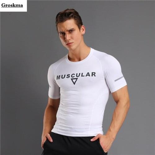Men sports training t shirt short sleeve quick dry breathable fitness gym elastic tights mens running exercices tee shirt homme