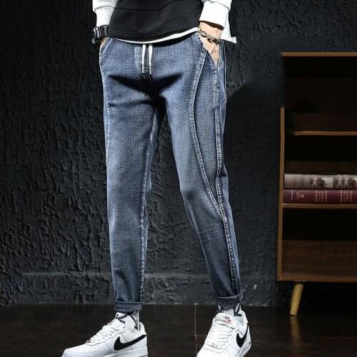 2021 Large size 7XL feet pants elastic waist tie rope distressed simple loose jeans mens fall/winter new elastic jeans