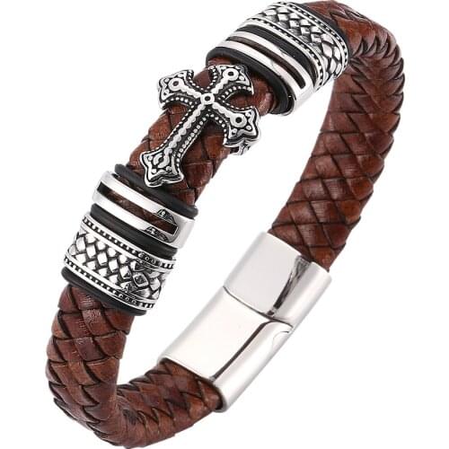 Yage 12mm Width Braided Leather Men Bracelets 316L Stainless Steel Cross Charms Cuff Bracelets Bangles Trendy Male Jewelry