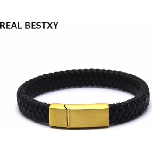 REAL BESTXY custom Logo Bracelet for Men Women Black Leather Braided Bracelets with Magnet Clasp Jewelry for wholesale bracelets