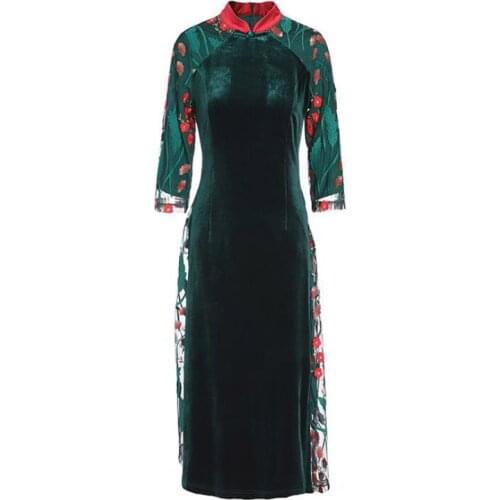 Autumn The New women dress Chinese style Retro velvet embroidery Wedding forma lady dress noble Slim dinner party dress S-2XL