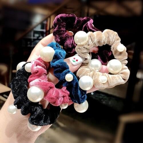 Japanese Korean High Quality Protective Fabric Pearls Hair Band Elastic Double Rubber Hair Rope Women Girls Student Hair Rings