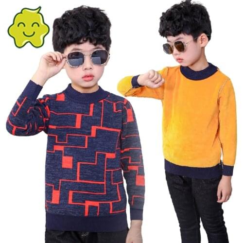 SINGBAIL Boys Winter Velvet Sweater Kids Warm Pullovers Plush Inside Knitted Sweaters Loose Teenage Plaid O-Neck Sweaters 2020 Y