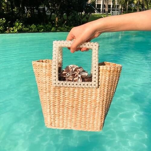 SUNNY BEACH Straw Bags Women Beading Pearls Handle Bag Summer Beach Bags Handmade Woven Beach Totes Bag Bohemia Handbag Bali