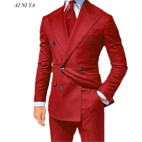 Red Double-Breasted Mens Groom Wedding Suit 2 Piece Peak Lapel Blazer terno masculino groom wedding slim fit suit