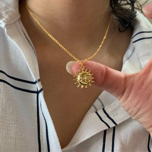 Vintage Moon & Sun Necklaces Pendants Dainty Jewelry Stainless Steel Long Chain Sunrise Sunburst Necklace Christmas Gift Collier