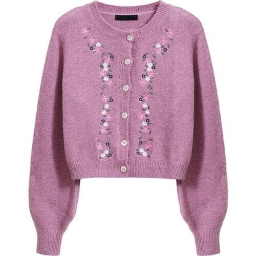 PERHAPS U Women Sweater Crew Neck Long Sleeve Casual Cropped Floral Embroidery Cardigan Violet Black Beige Blue M0312