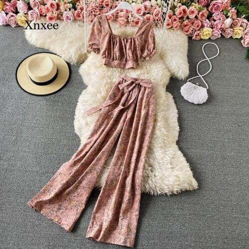 Summer Ladies Style Chiffon Print Two-Piece Blouse High Waist Wide Leg Pants Ladies Rural Style Suit