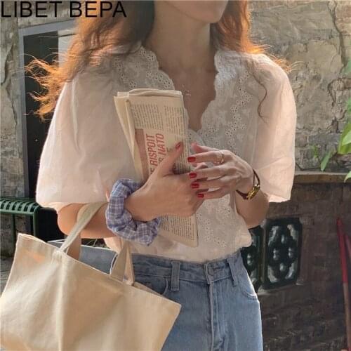 New 2021 Summer Autunm Womens Blouses Embroidery Sweet Korean Style Elegant Vintage Shirts V-Neck White Wild Lady Tops BL9227
