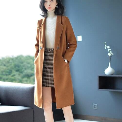 Long woolen blends cashmere coats for women 2019 autumn winter ladies jackets plus size overcoats coffee double face casual