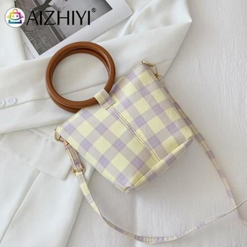 Retro Women Plaid Printing Bucket Shoulder Bag Nylon Casual Top-Handle Crossbody Bags Soft Women Designer Handbag