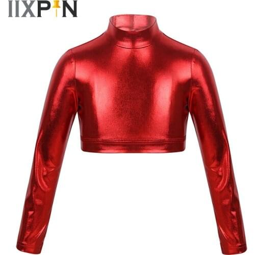 Girls gymnastics Leotard ballet dance clothes Long Sleeves Mock Neck Glossy Metallic Tops Crop Top for Dancing Stage Performance