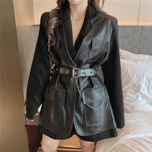 Black Leather Jacket Women Suit Coat Autumn Winter Fashion Streetwear Fake Two-piece PU Patchwork Blazers Female Sashes Outwear