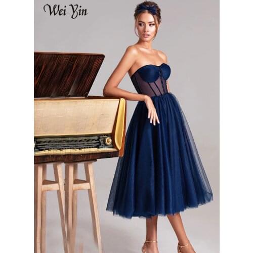 Weiyin Custom Color Short Prom Dress Strapless Sweetheart A Line Evening Dresses Elegant Illusion Bodice Tea Length Party Dress