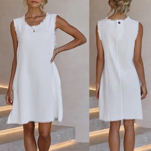Summer Dress Round Neck White Tassel Sleeveless Solid Color A-Line Dresses For Women Fashion Loose Pullover Mini Dress