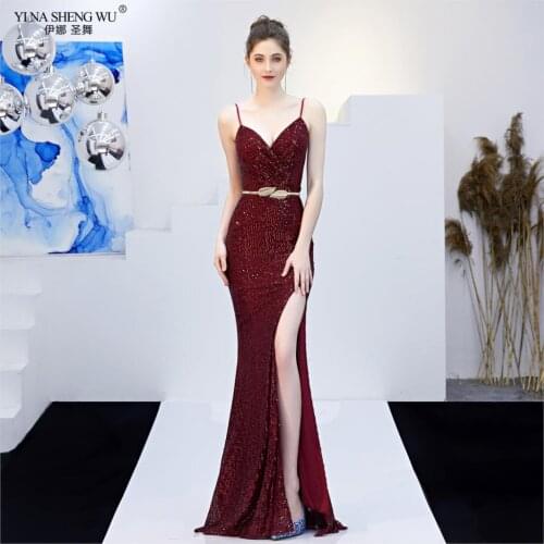 Sexy Sequined Evening Party Dress Robe De Soiree V-Neck Sleeveless Backless Mermaid Long Robe Side Slit Off-Shoulder Party Gown