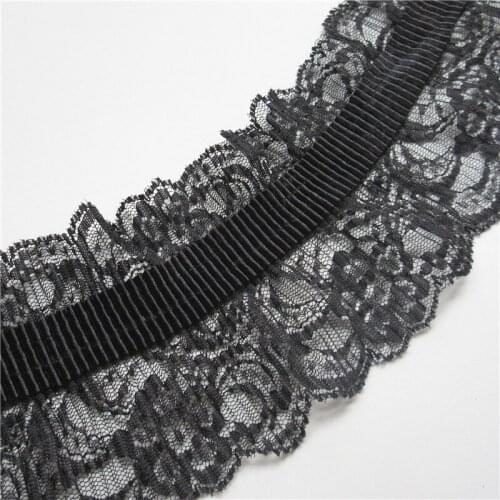 1Meter 9cm wide Black Soft Elastic Pleated Fold Lace Trim Collar Applique Ribbon Sewing Craft Wedding Dress Accessories Decor