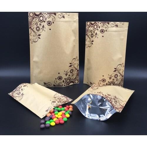 100 Pcs Stand-up Kraft Paper Food Packaging Bag with Flower Pattern Design, Pouch for Gift Food Nuts Cookie Candy Baking Tea