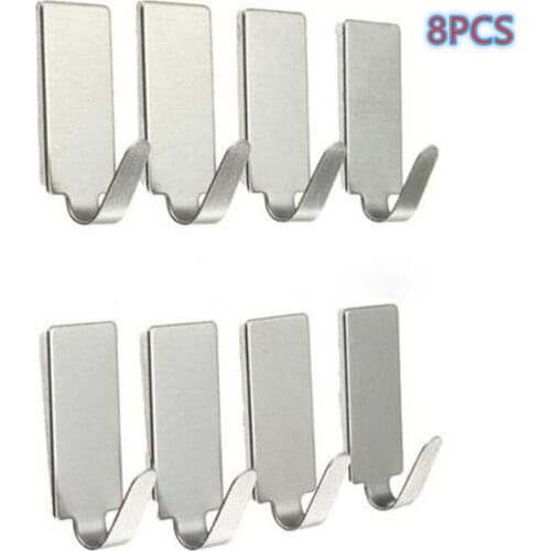 8PCS Self Adhesive Stainless Steel Towel Hooks Bathroom Kitchen Wall Door Hooks Wall Mounted Strong Adhesive Traceless Coat Hook