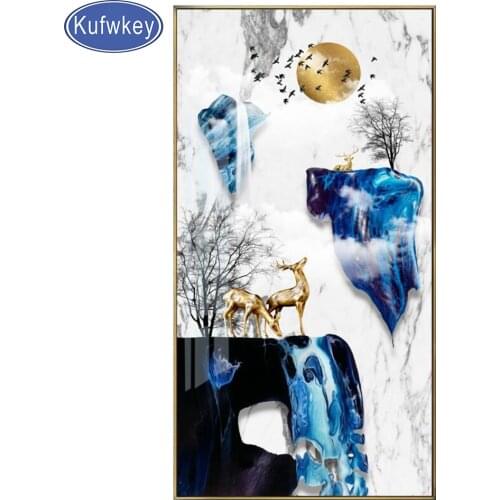 Abstract Blue Golden Deer Sun Landscape Diamond Painting 3d Cross Stitch Full Square/round 5d Diy Diamond Family Wealth Gift