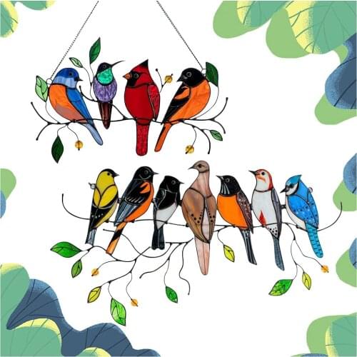 7 Birds Stained Acrylic Sun Catcher Window Panel Ornaments for Tree Clip Sculptures Pendant Home Patio Yard Decor Creative Gifts