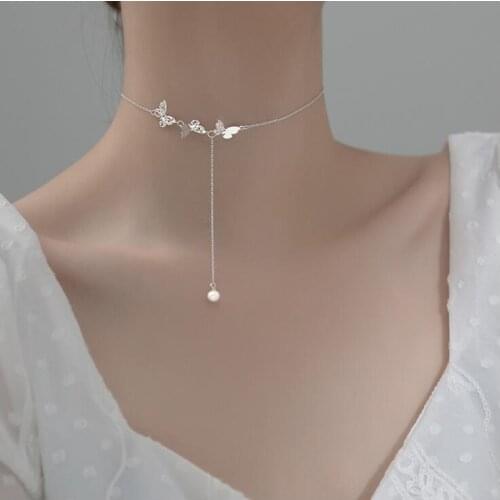 Butterfly Style 925 Sterling Silver Pendants Necklaces Chain with Pearl