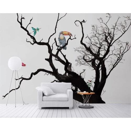 Beibehang Custom wallpaper modern living room Black and white flying bird parrot 3d wallpaper abstract woods 3d wallpaper