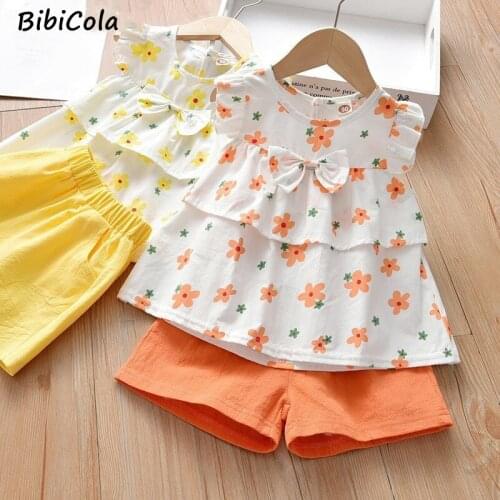 Kids Summer Clothes baby girls sleeveless T-shirt + Solid color shorts 2PCS Outfits For Girls Casual Style Floral Kids Clothing