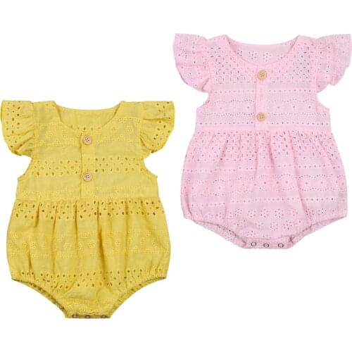 0-18M Toddler Baby Girl Bodysuit Summer Flared Short Sleeve Buttons Hollow Out One Piece Solid Color Infant Outfit Pink/Yellow
