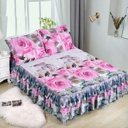 1pc Bed Skirt + 2pcs Pillowcase Bedding Set Sanding Soft Bedspread King Queen Size Double Layer Bed Skirt