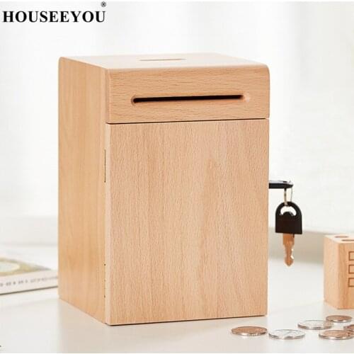 Piggy Bank Pure Solid Wood Large Capacity Coin and Paper Money Saving Box with Lock Home Decoration Insurance Coin Jar
